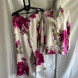Natori Cream Satin Pajama Top with Fuchsia Floral Print
